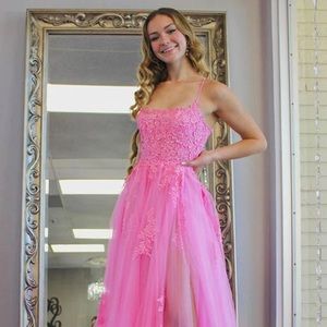A Line Pink Lace Long Prom Dress with
High Slit, Evening Dress